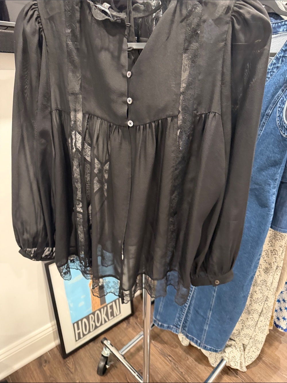 Madewell Black Sheer Lace-Trim Long-Sleeve Blouse - Picture 5 of 5